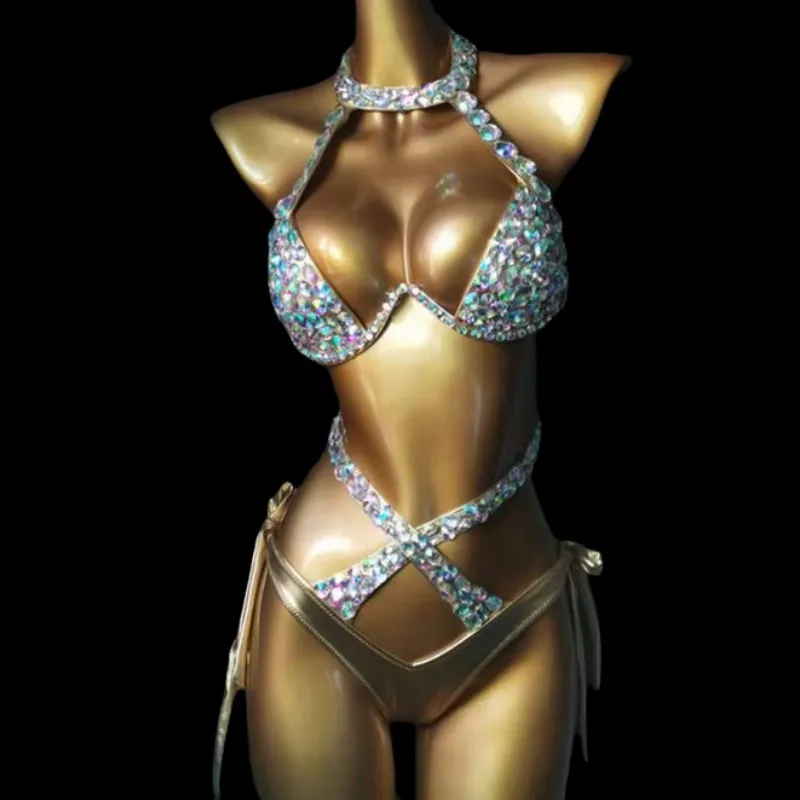 Nightclub Club Party Show Rhinestone Bikini Swimsuit Women Carnival Rave Outfit DJ Dancer Model Catwalk Bikini Sexy Stage Wear