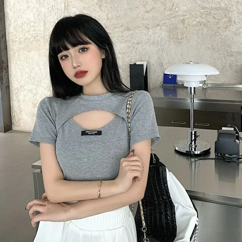 Fake Two-piece Hollow T-shirt Women Summer New Slim Fit Large Size Short Sleeve Black Cropped Tops Female