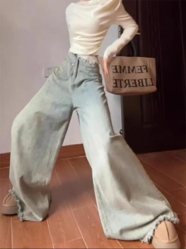 

Tall Women's Loose High Waist Wide Leg Jeans American Style Frayed Hem Denim Pants Spring Autumn New Floor Length Pants