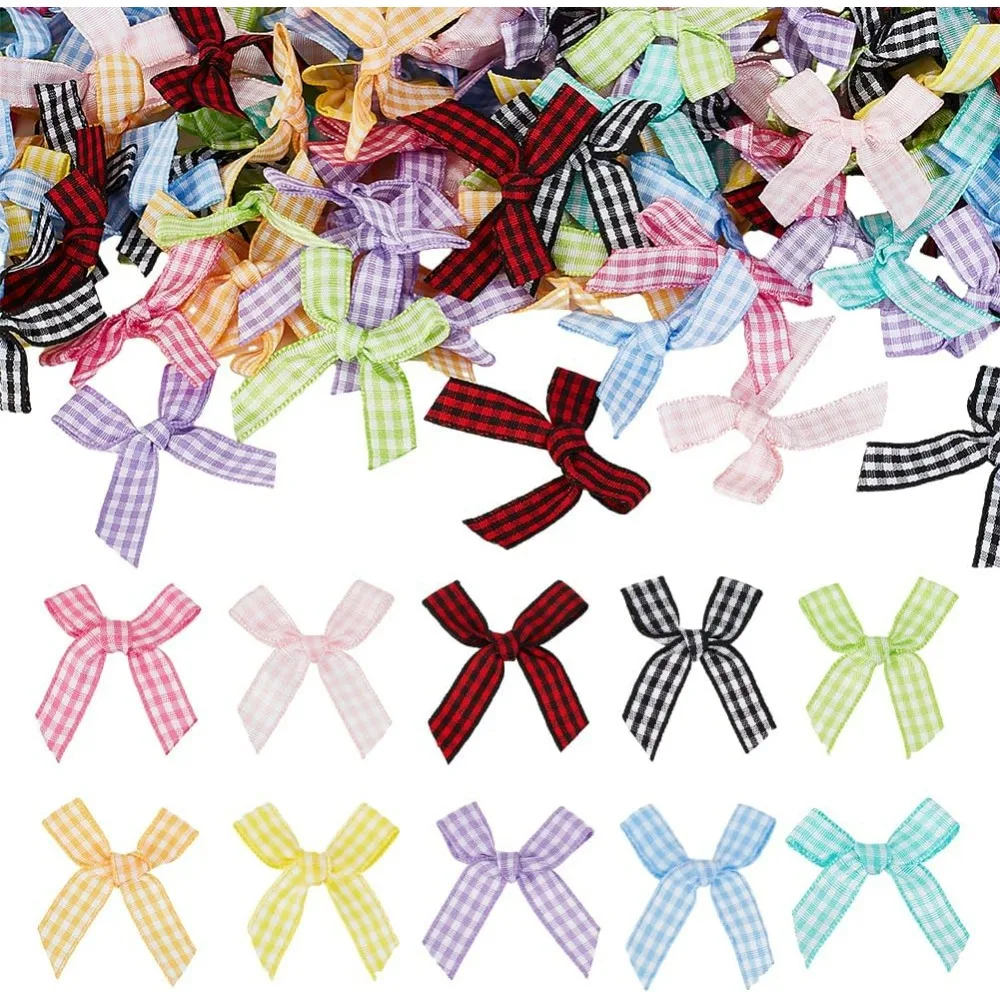 200pcs Ribbon Bows 10 Colors Gingham Bowknots Mini Ribbon Craft Bows Checkered Plaid Ribbon Bow Decoration Bowknot for Gift