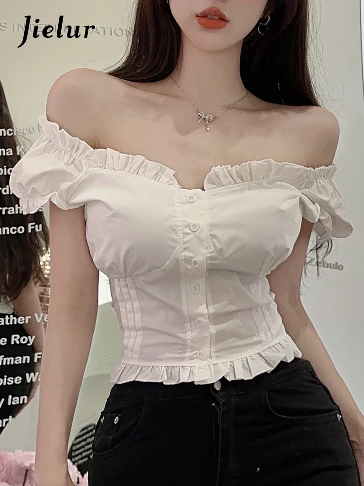 

Jielur Slim White Chic Buttons Puff Sleeve Female Shirts Vintage American Style Solid Color Slash Neck Summer Chic Women's Shirt