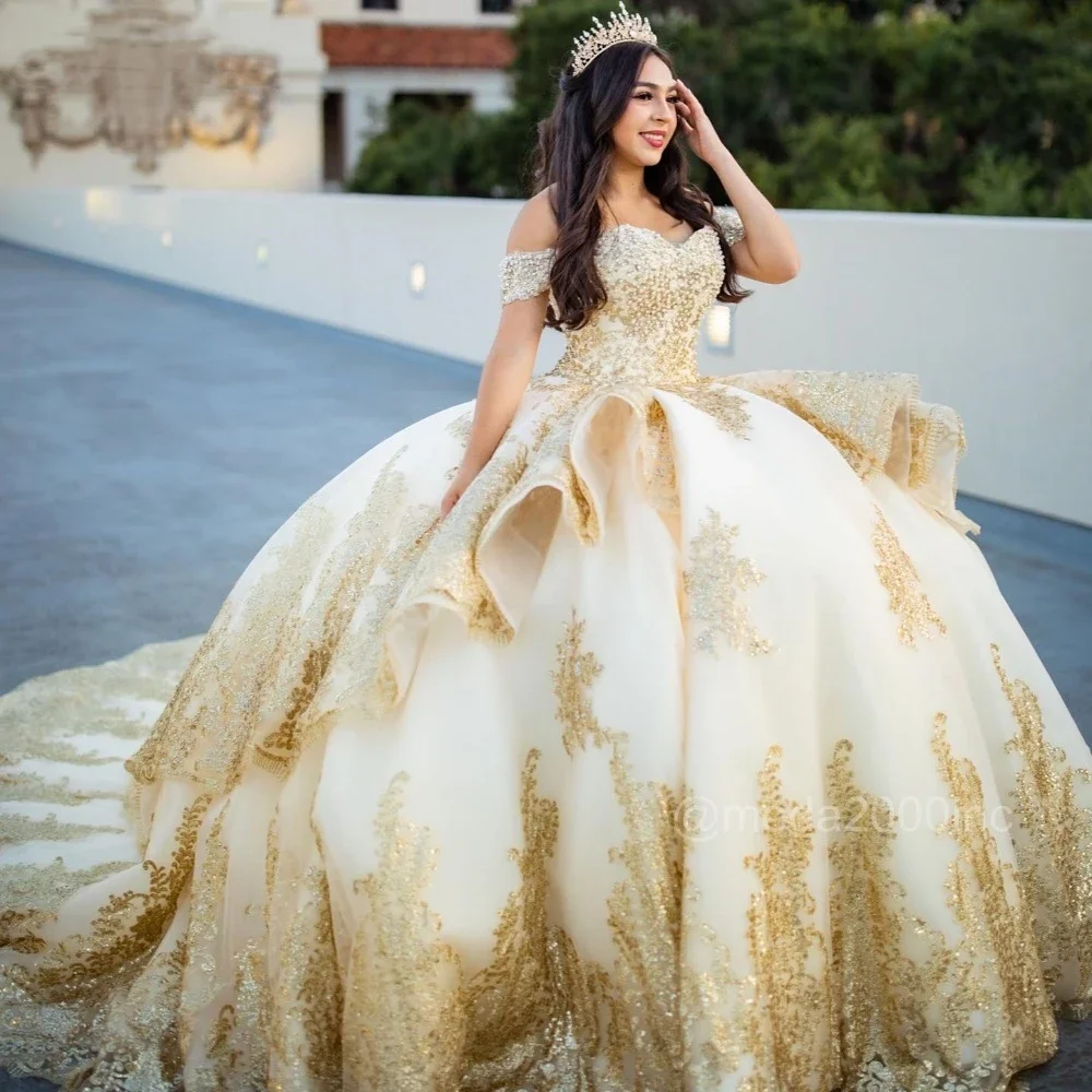 Angelsbridep Customized Ball Gown Quinnceanera Dresses Champagne With Gold Sequined Appliques Party Dress Vestidos De 15 Años