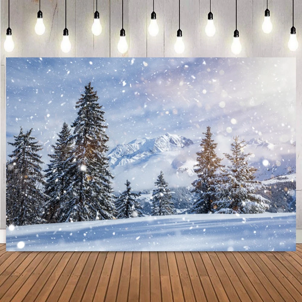 Winter Dreamy Natural Scene Photo Background Pine Forest Snow Mountain Christmas Party Home Decor Photography Backdrops Prop