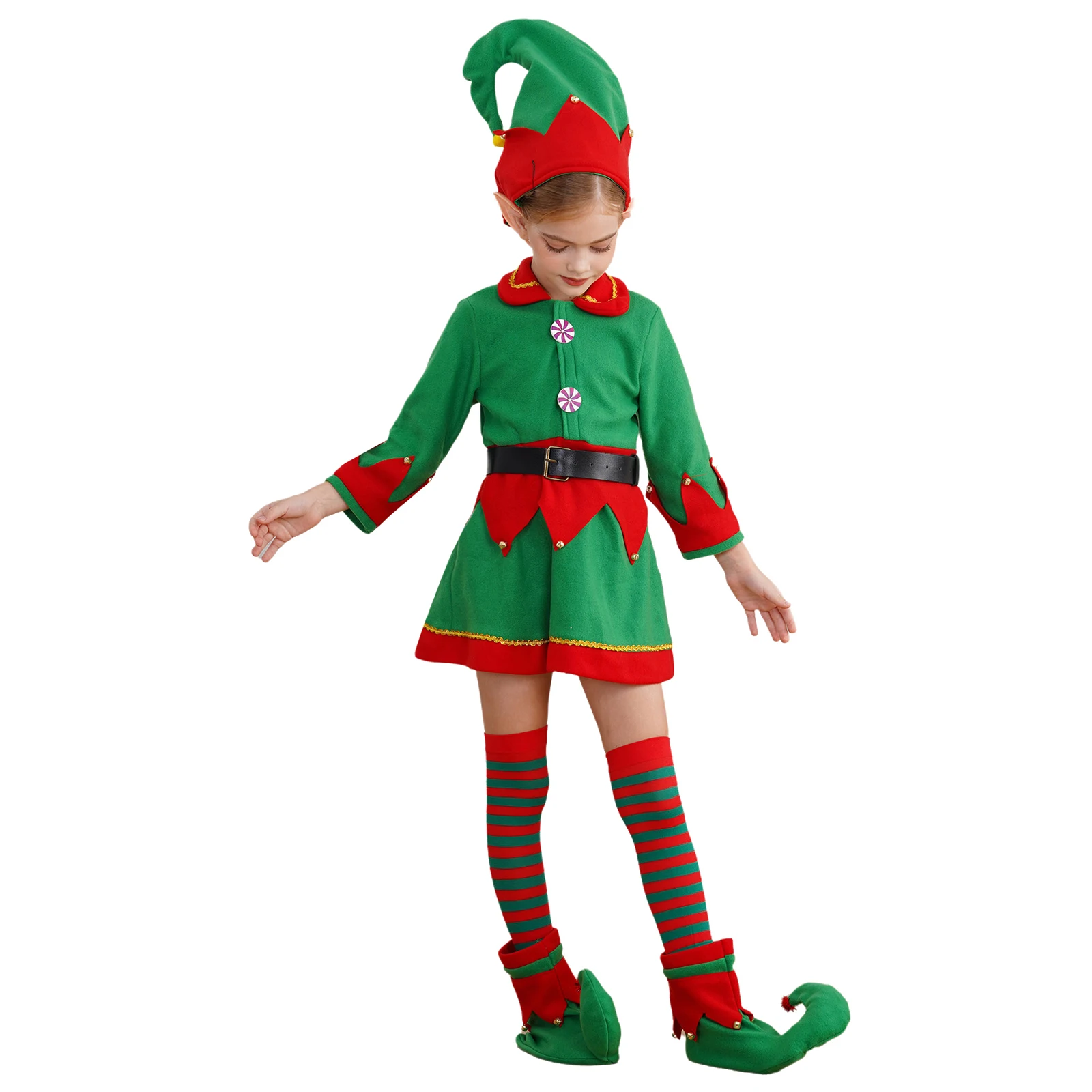 6 Stücke Kinder Mädchen Weihnachtsfeier Fee Elf Rollenspiel Kostüm Kleid mit Hut Silikon Elfenohren Gürtel Strümpfe Und Schuhe Anzüge