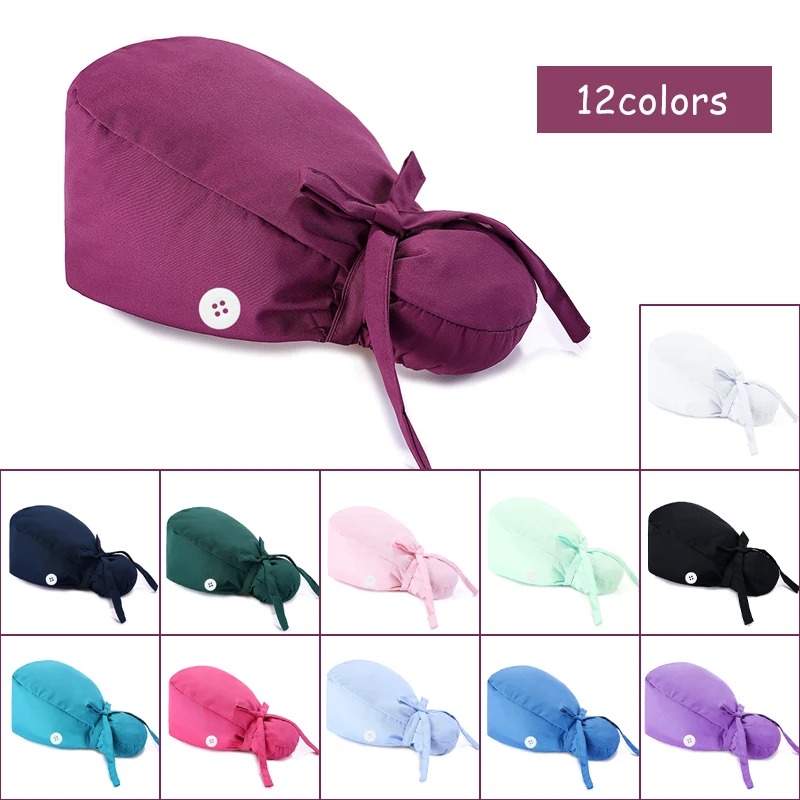 

Beauty Salon Work Hats Unisex Scrub Elastic Cotton Pet Grooming Cap Health Service Pet Work Cap Ponytail Nursing Work Button Hat