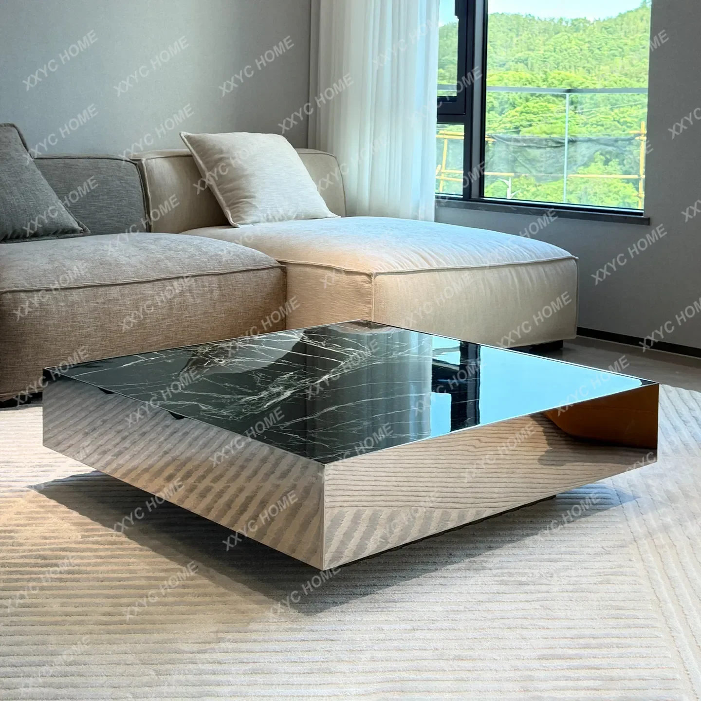 BJ Stainless Steel Mirror Natural Marble Coffee Table Living Room Home Modern Simple Light Luxury Square Coffee Table