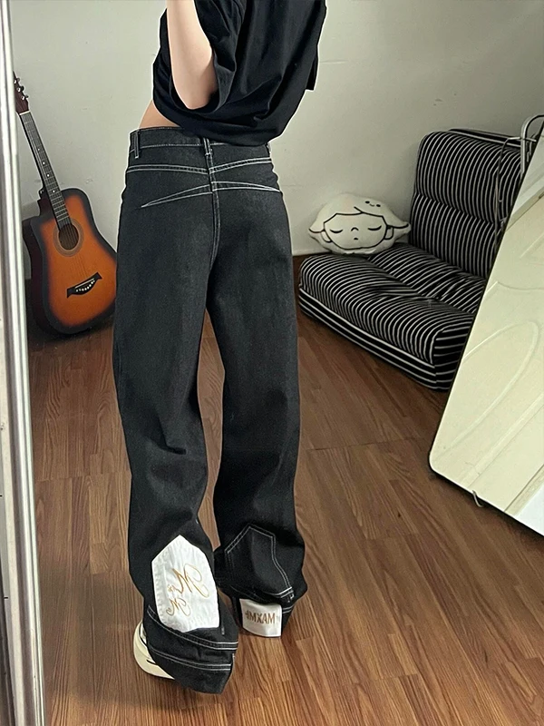 

American Retro Flared Black Original Jeans Men's High Street Vibe Reverse Wear Design Slim Straight Leg Pants