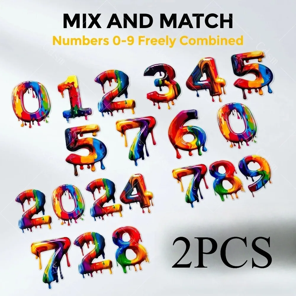 2Pcs Drip Paint Style Numbers 0-9 Stickers, Combinable Waterproof Vinyl Decals for Car & Motorcycle Decor