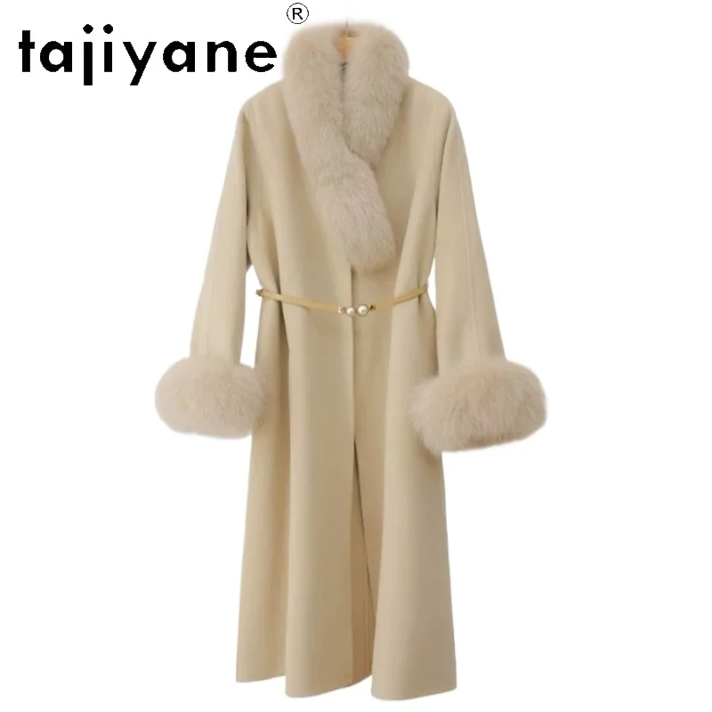 TAJIYANE 90% Wool Coat Women Fox Fur Collar Cashmere Long Coats for Women Clothing V-neck New Winter Coat Elegant Jacket Casaco