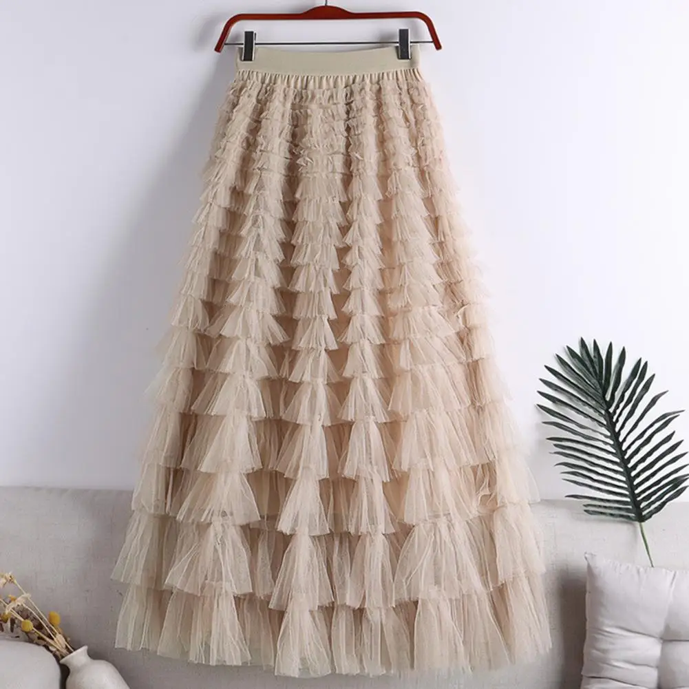 Women Skirt Elegant Multi-layer A-line Skirt with Elastic High Waist Solid Color Long Skirt for Women Gauze Mesh Splicing Cake