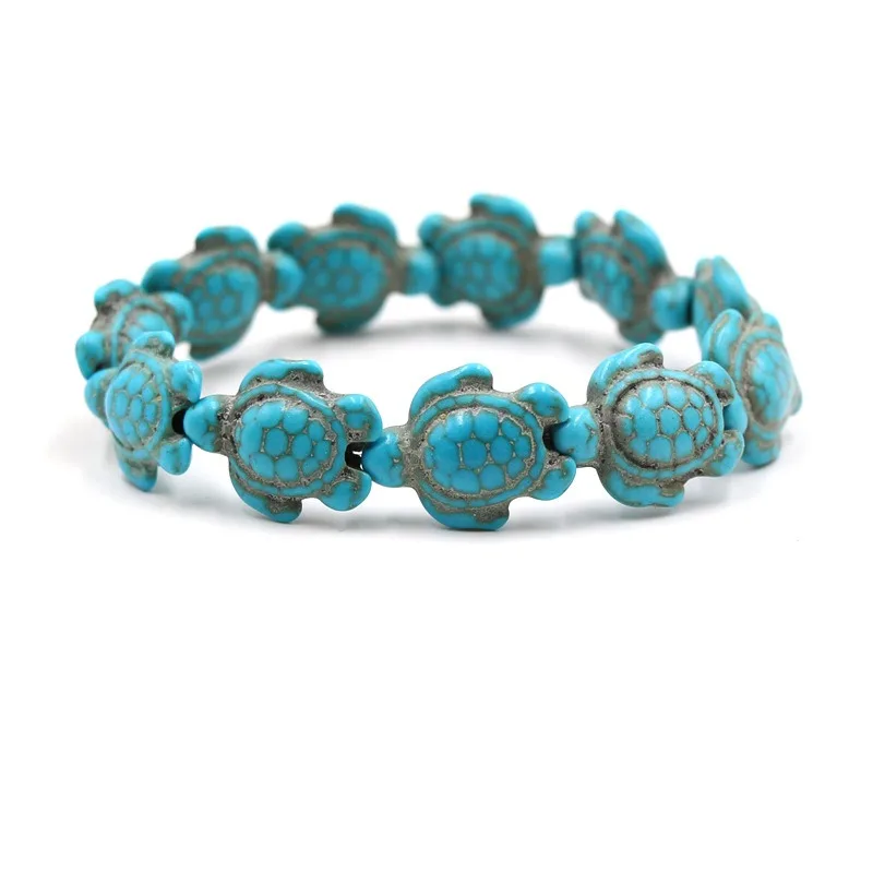 Hawaiian Blue Turquoise Sea Turtle Charm Bracelet Stretch Jewelry for Healing and Gifts Prosperous Turtle Legend