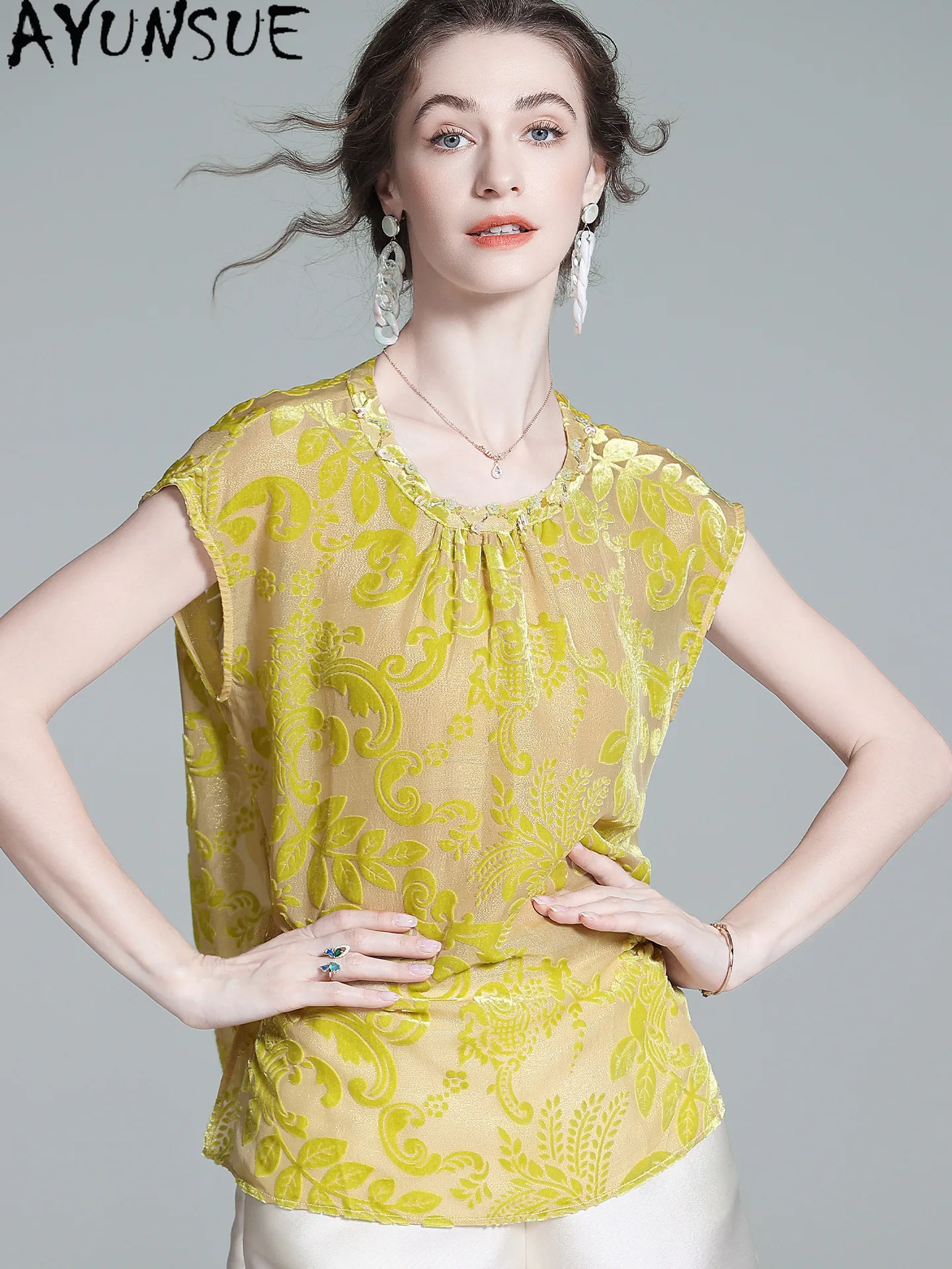 AYUNSUE 47% Mulberry Silk T-Shirt Elegant T-shirts for Women Summer Clothes Short Sleeve Womens Tops Silk Velvet Топ Женский