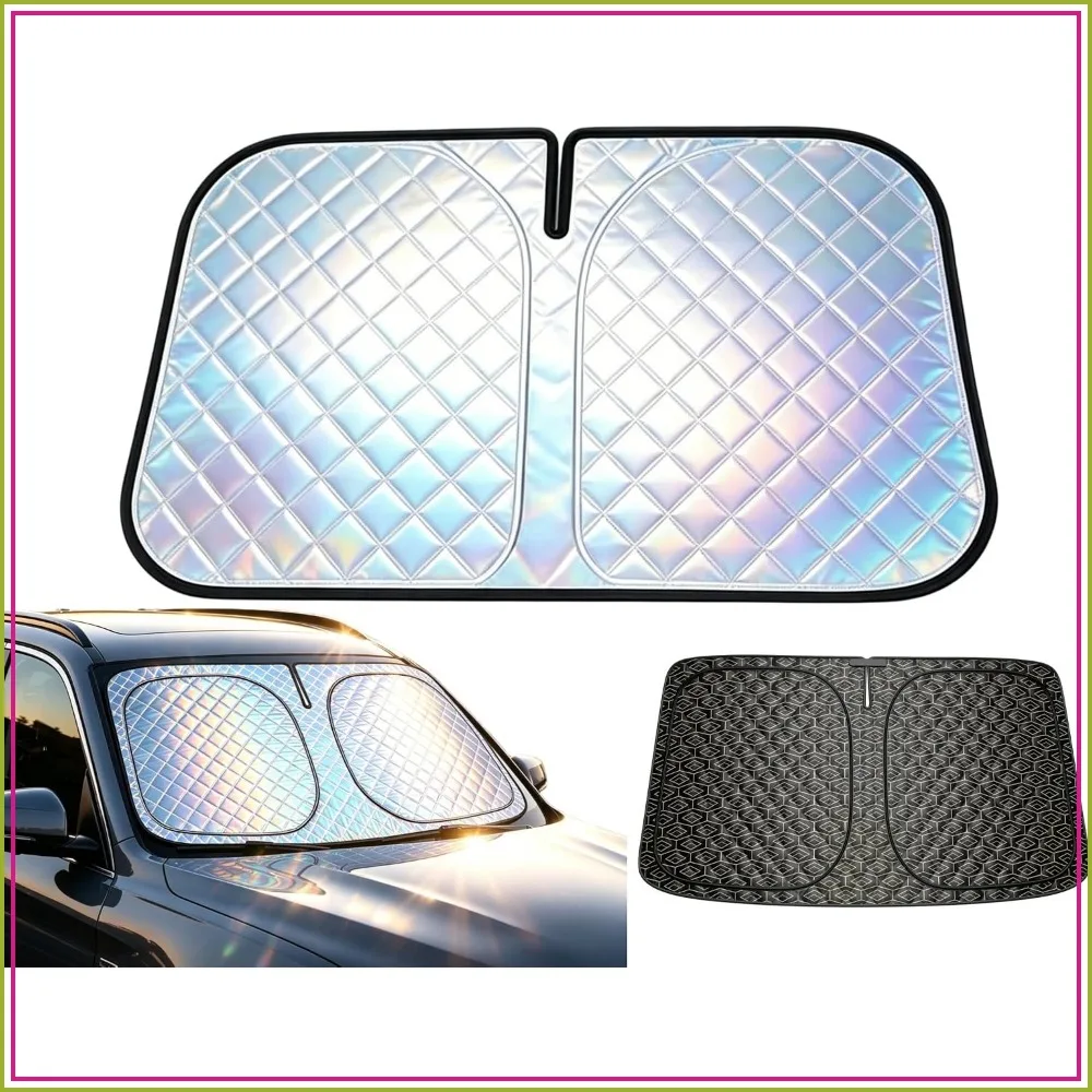

Foldable Windshield Sun Shade 5-Layer Thickened Cotton with Laser Reflective Heat Insulation for Car Full Coverage Fits Around Rearview Mirror Memory Alloy Frame L (58 x 31.5 in)