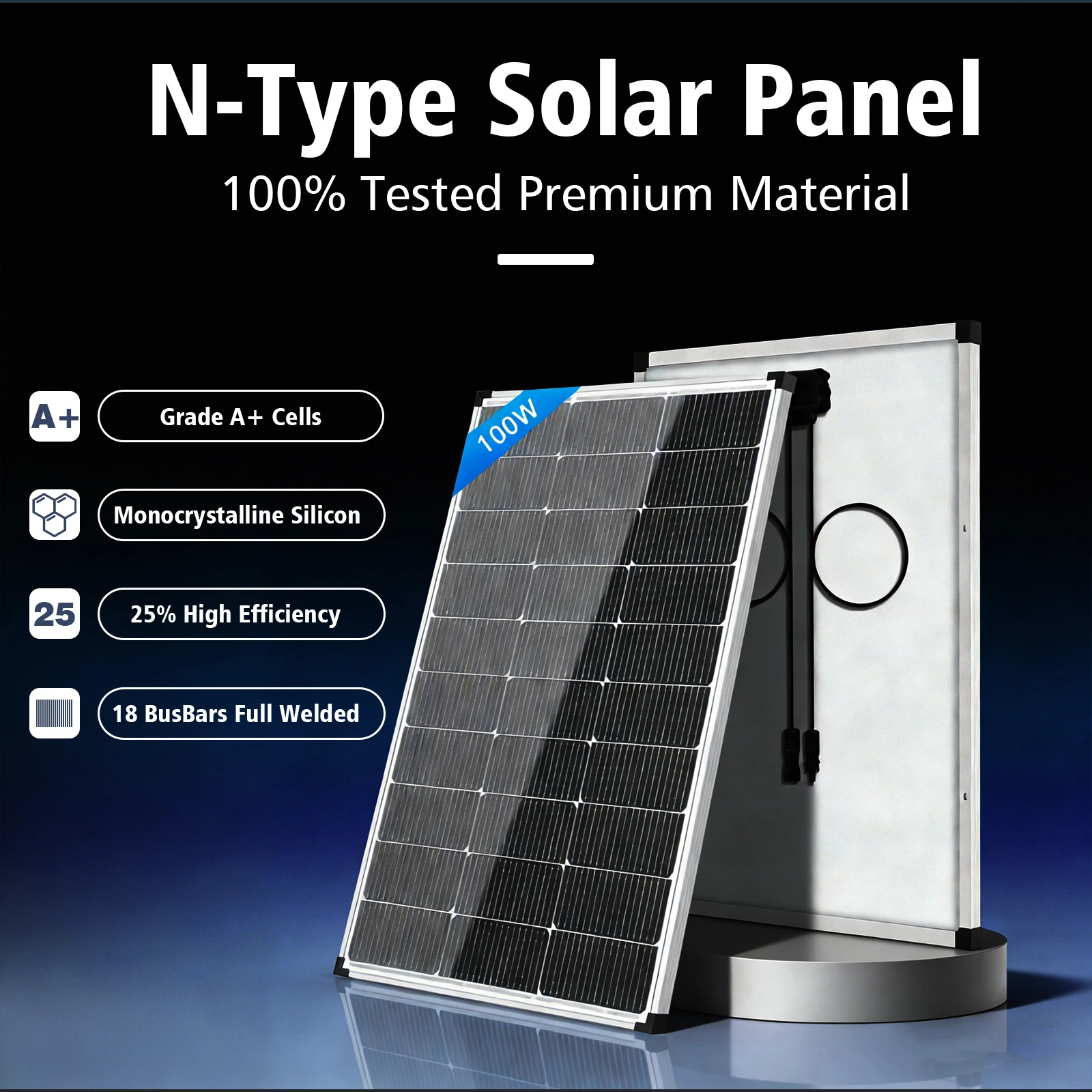 100W Monocrystalline Rigid Solar Panel, N-Type 18BB 25% High Efficiency, IP68 Waterproof Silver for RV, Home, Off-Grid