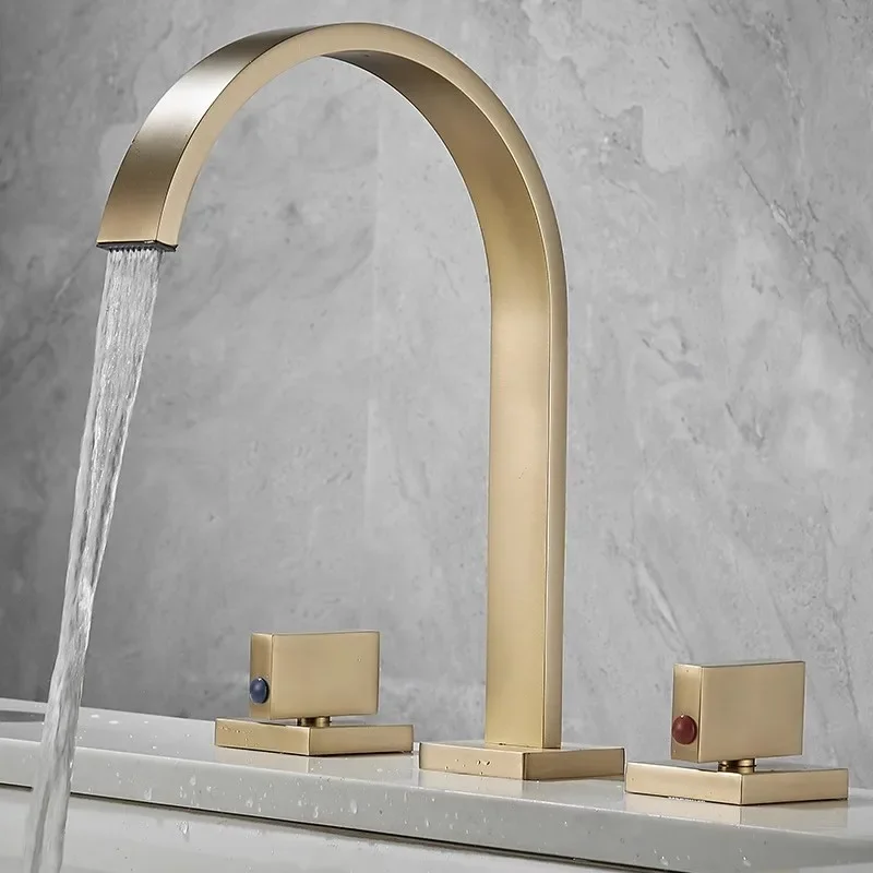 

Brushed Gold Widespread Bathroom Gold Basin Faucet Square Brass Faucet Bathroom Sink 3 Hole Hot And Cold Water Tap
