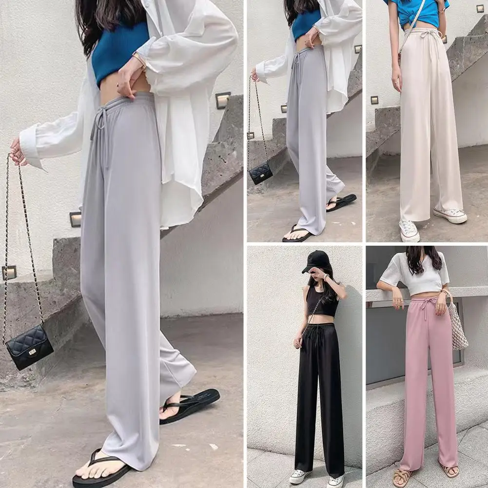 Ice Silk Casual Trousers Elastic Drawstring Waist Women's Summer Pants Solid Color Straight Wide Leg Trousers for Streetwear