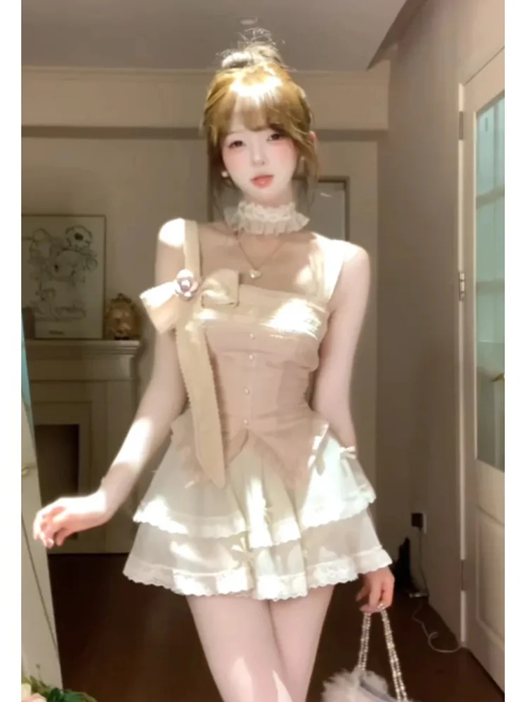 

Pure Desire Sweet Style Women's Summer 2025 New Knot Waist Cinching Top Cake Short Skirt Two-Piece Set Polyester Fiber