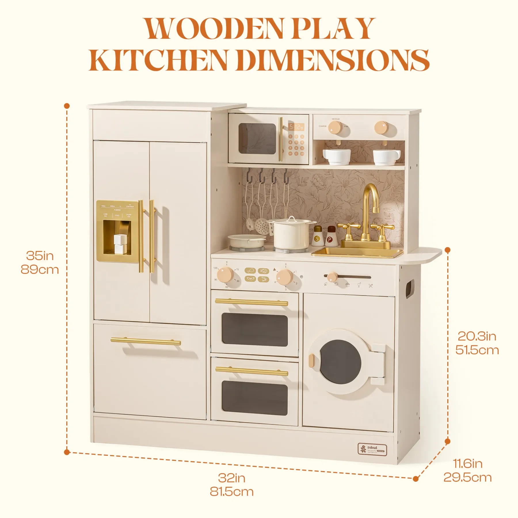 Robotime Robud Juego de cocina floral de madera para niños, juego de simulación de juguete con refrigerador, horno, microondas para niñas y niños, color beige