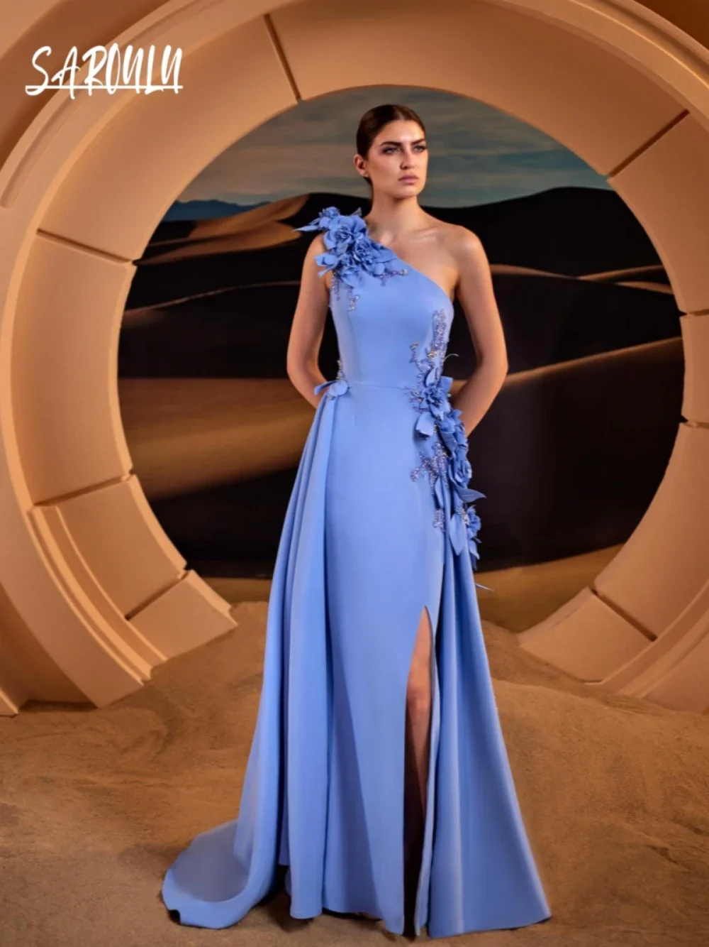 

Elegant One Shoulder Flowers Evening Dress Romantic Side Slit Sequins Prom Gown Customized Satin Women Formal Occasions Cocktail