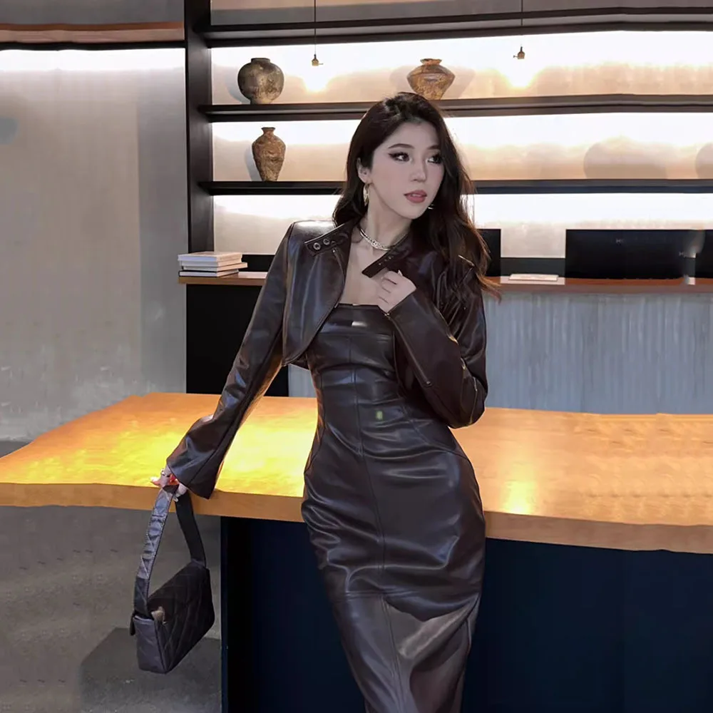 High Street Y2k E-Girl Long Sleeve Black Leather Coat Women + Fashion Sexy Slim Bodycon Strapless Dresses 2024New Two Piece Sets