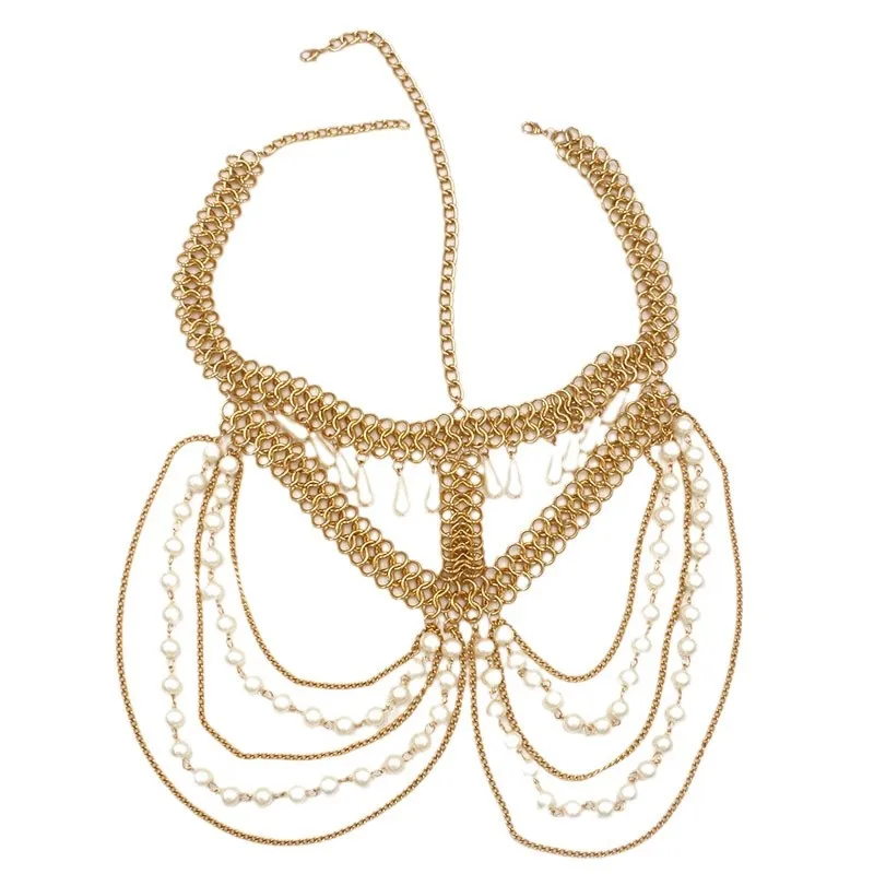 Ornament European and American Exaggerated Chain Women's Water Drop Pearl Handmade Tassel Headdress