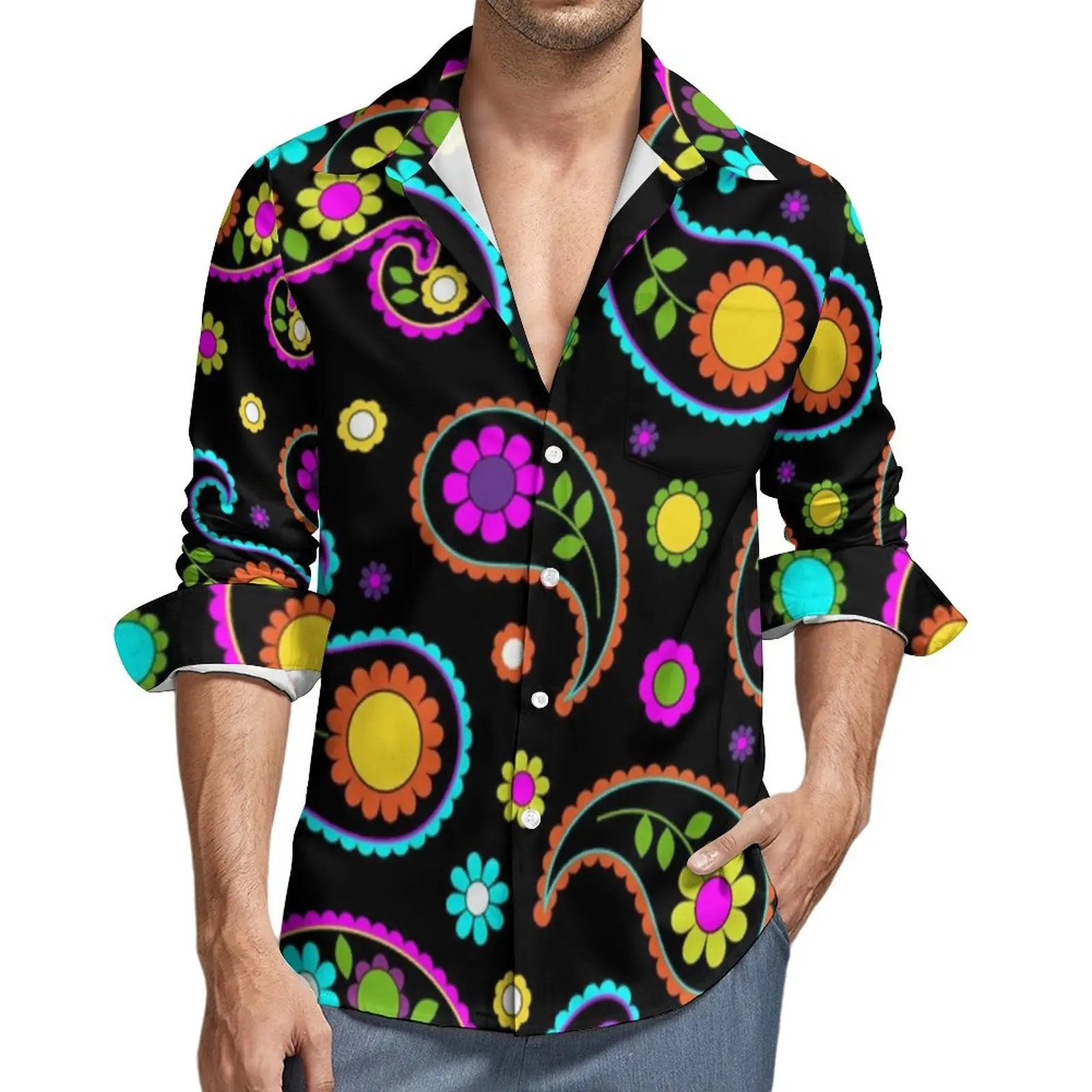 Retro Groovy Hippy Shirt Male Paisley Floral Print Casual Shirts Spring Stylish Design Blouses Long Sleeve Fashion Oversized Top