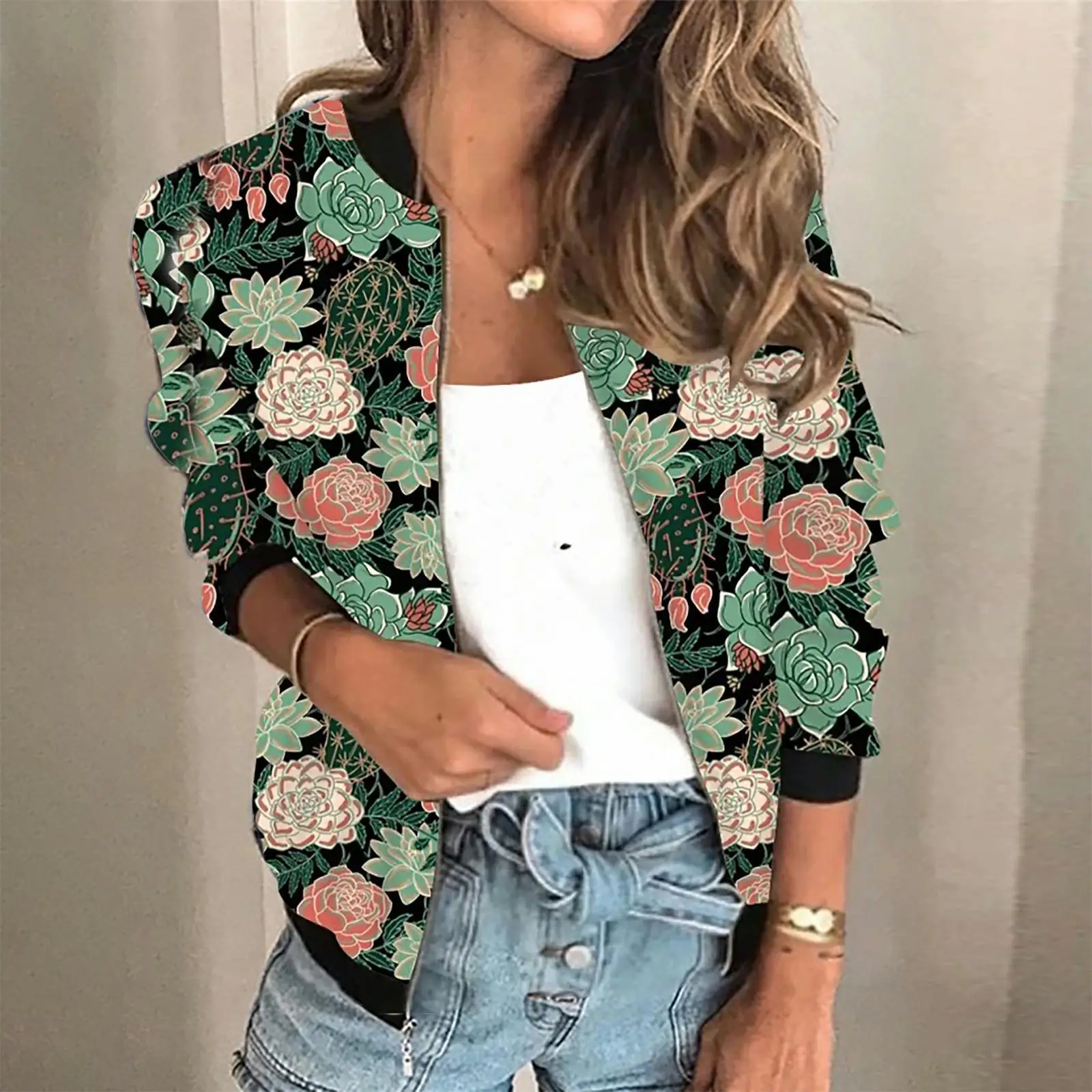

20266 Autumn New European and American Women's Retro Casual Digital Printing Zipper Short Coat