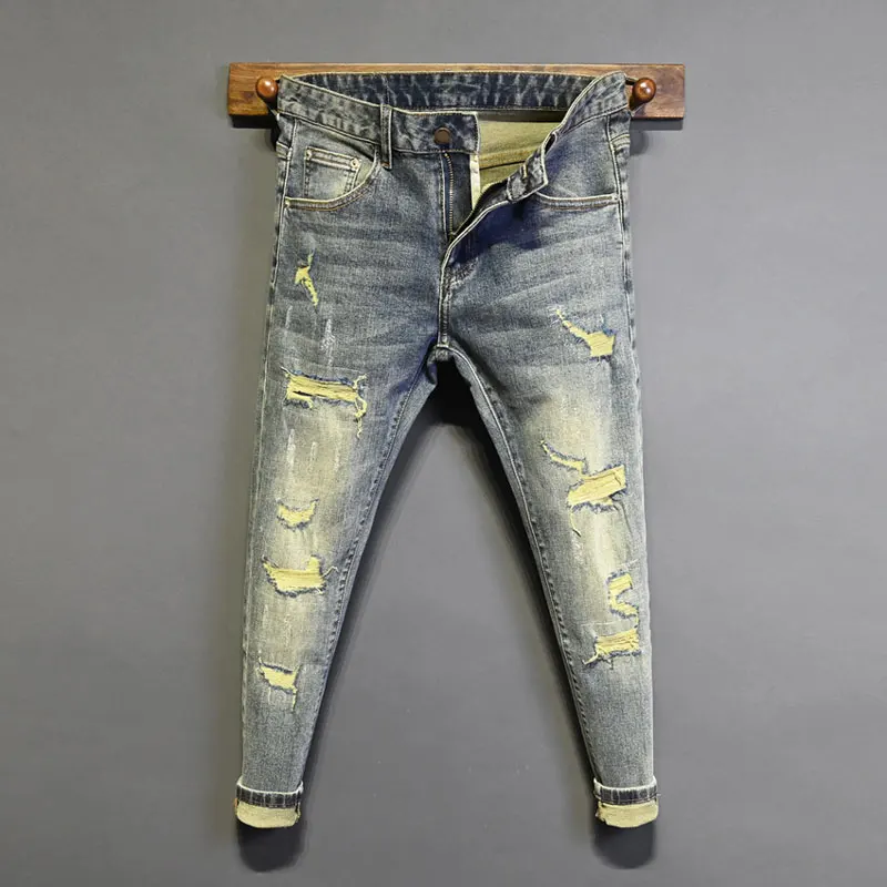 Street Fashion Men Jeans Retro Washed Blue Stretch Skinny Fit Hole Ripped Jeans Men Vintage Designer Casual Denim Pencil Pants