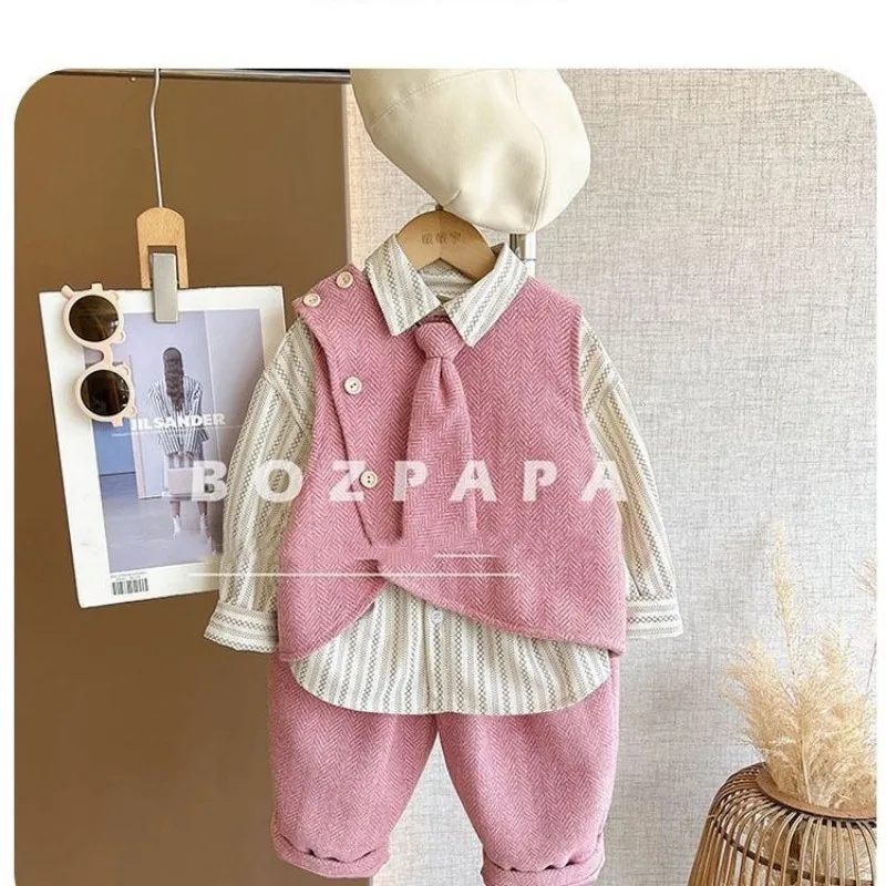 3PCS Children's Clothing Set Spring and Autumn New Style Boys and Girls Baby Stylish Vest Shirt Pants 3-Piece Set