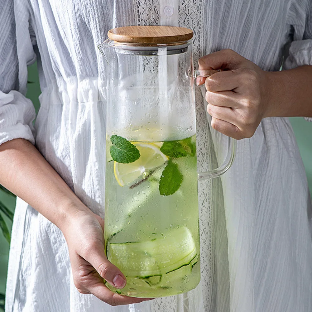 Pichet à eau en verre avec poignée et couvercle en bambou, capacité de bouilloire froide et chaude, pichet à thé, pichet à jus d'eau, degré de chaleur, 1,7 l, chaud, nouveau