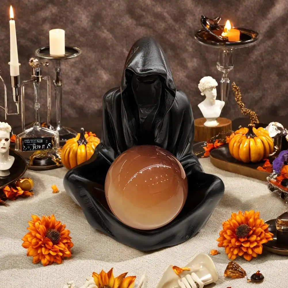 Dark Fantasy Decor Ball Stand Grim Reaper Statue Robe Sculpture for Halloween Home Decor Mysterious Figurine for Bookshelf