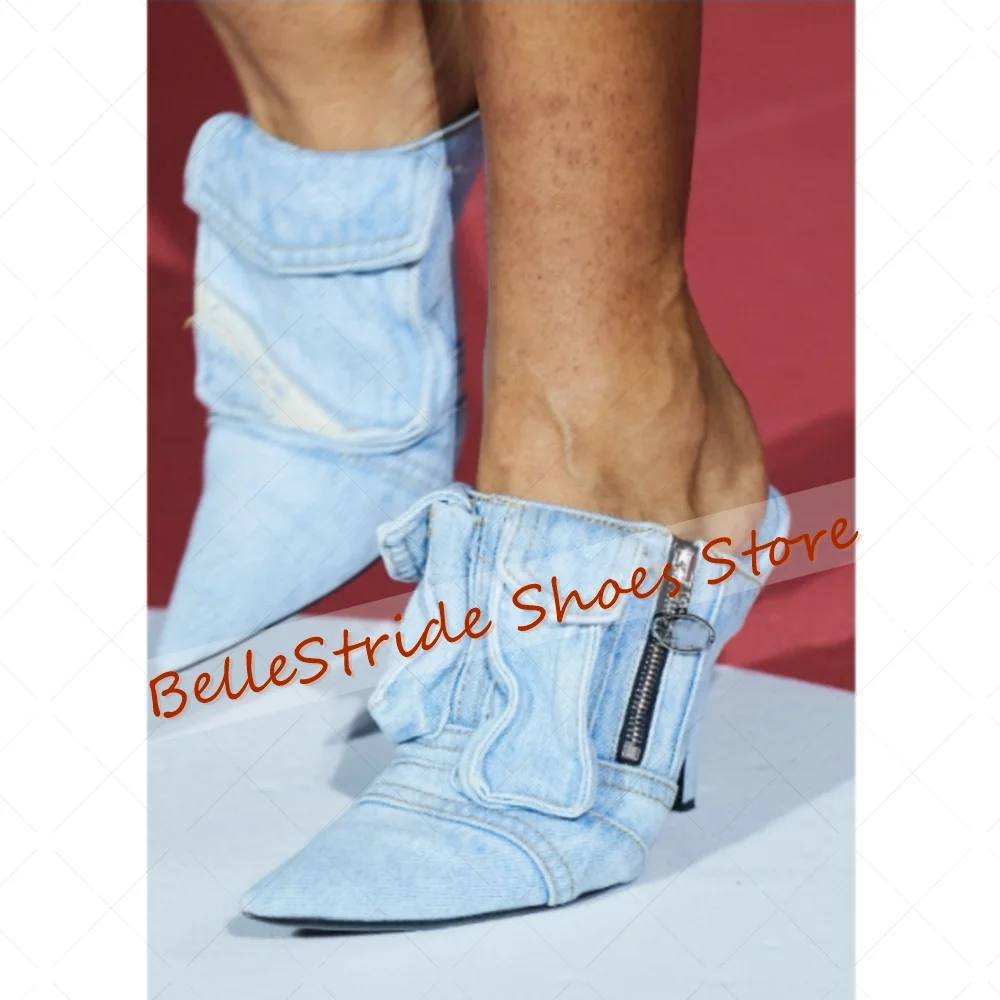 

Blue Demin Pocket Decor Zipper Decor Slippers Women Shoes Stilettos High Heels Party Banquet Dating 2025 Zapatos Para Mujere