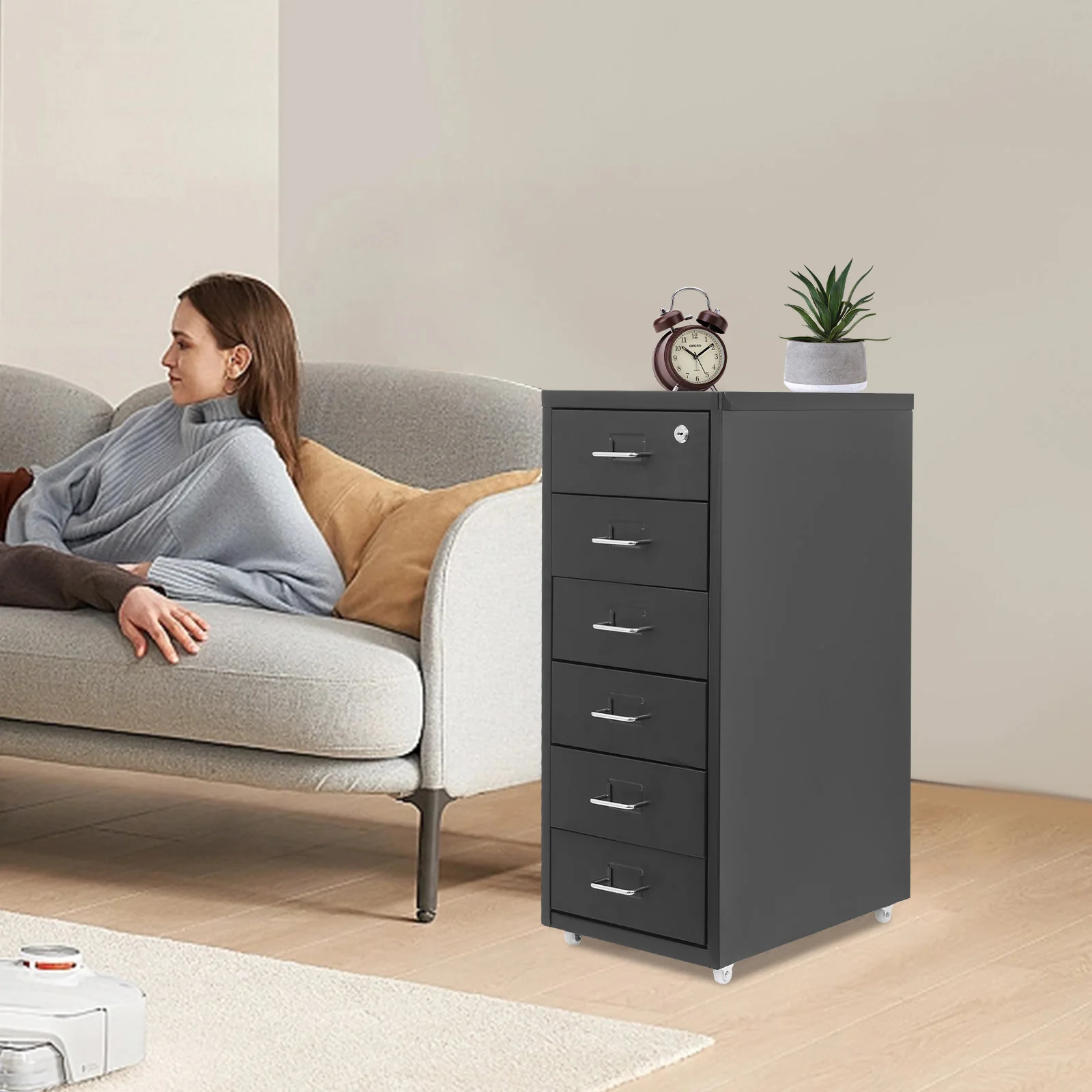 

Черный современный запираемый шкаф для документов, гладкая поверхность и круглые края для многоцелевого хранения, отделка домашнего офиса