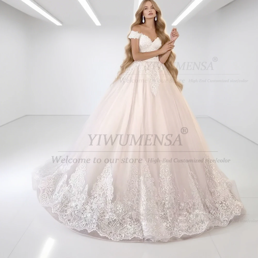 

Свадебные платья с простыми аппликациями и v-образным вырезом для невесты, свадебные платья с открытыми плечами и шнуровкой сзади, халат De Mariee со шлейфом