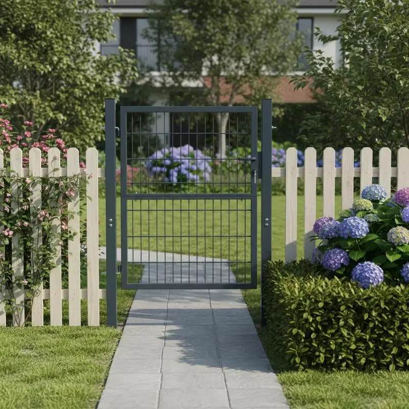Portail de clôture en treillis métallique 2D gris anthracite, taille 106×170 cm. Structure intégrée soudée avec revêtement anti-corrosion, facile à installer et compatible avec les clôtures 2D assorties pour l'accès aux jardins et aux cours.