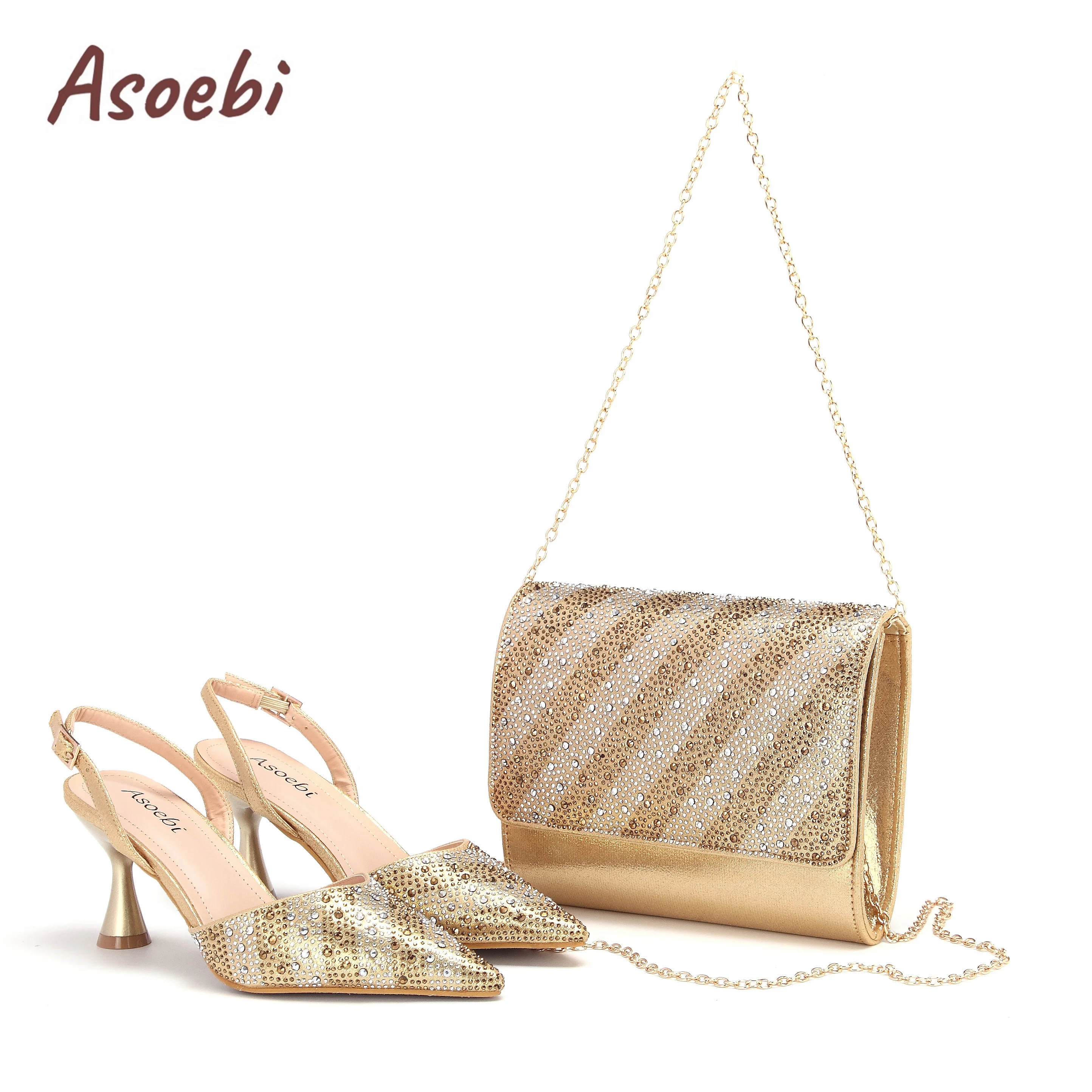 Hot Selling New Fashionable Gold Color Pointed Toe Shoes Matching Bag Set For Offices Ladies Party in Dress One