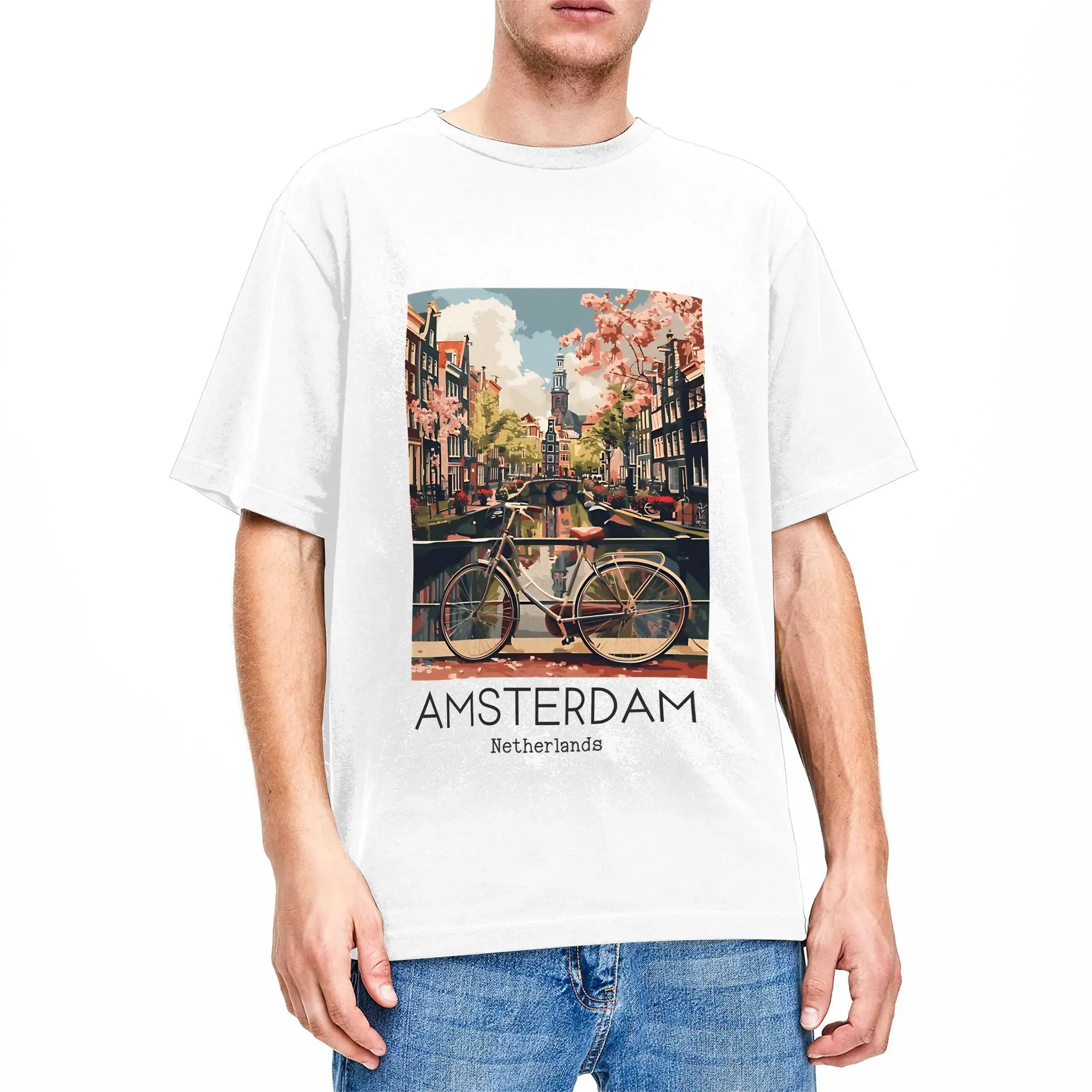 A Vintage Travel Illustration of Amsterdam Netherlands T-Shirt Beach Fashion T-Shirts Couple Cotton Breathable Plus Size Clothes