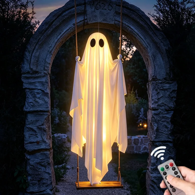 Image of Große hängende schwingende Geister-Halloween-Dekoration mit LED-Lichterketten, gruselige leuchtende Außendekoration für die Veranda, den Garten und Partys.