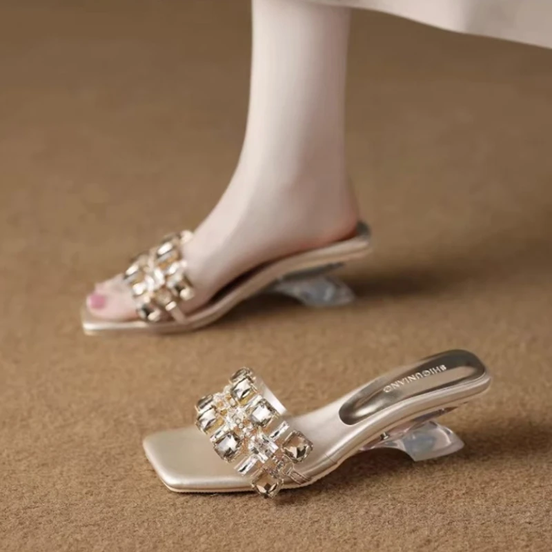 2026 New Style Temperament Square-toe Rhinestone Outer Slippers Women's Summer Crystal Heel Special-shaped Heel Cool Mop