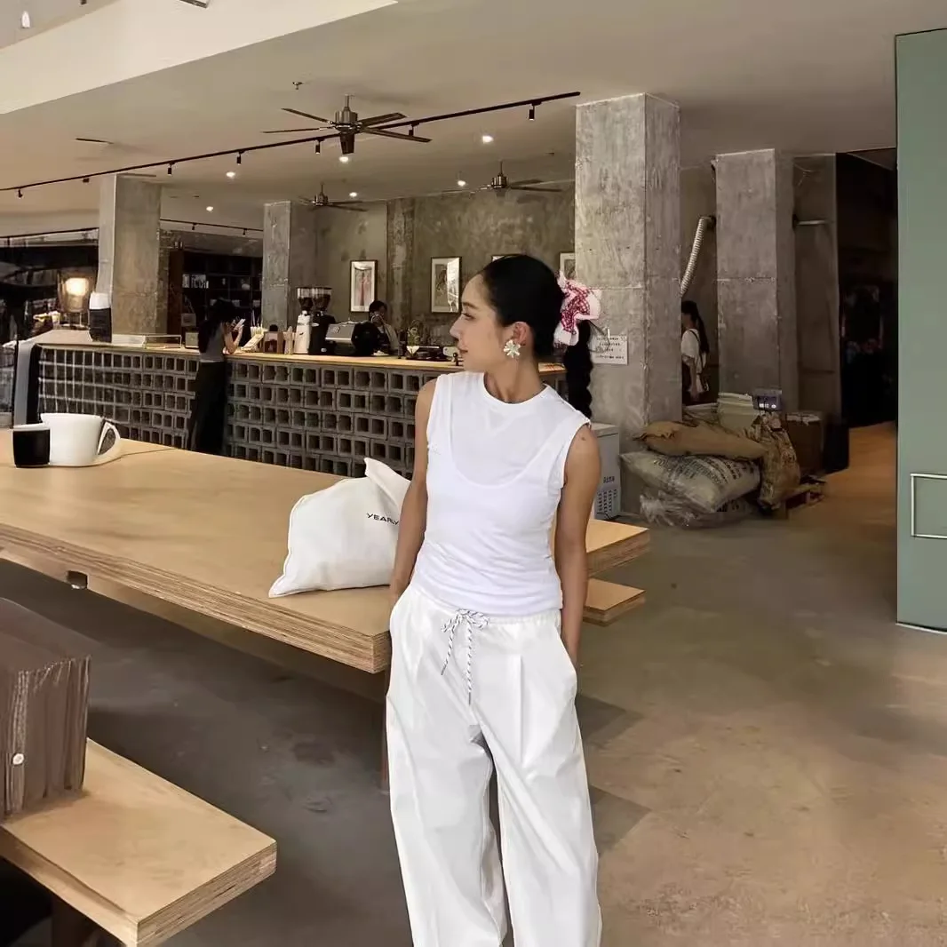 محايد الرياح رقيقة اللون الرباط شعور الهواء فضفاض عارضة السراويل النسائية السراويل المستقيمة الساق #3