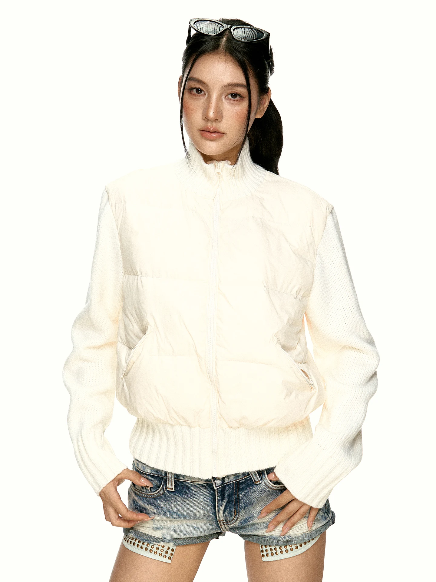 Aaisup White Knitted Patchwork Stand Collar down Jacket Winter Design Versatile Slimming Warm Short Coat Trendy Ladies' Wear