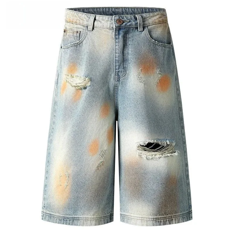 

IEFB Men's Denim Shorts with Mud Dying Technique Contrast Color Design Winter Collection Fashionable Men's Clothing