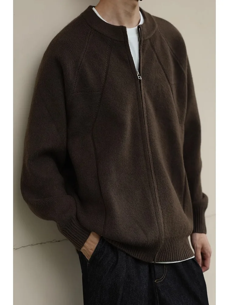 

Loose Casual Japanese Sle Men's Open Cardigan Knitted Sweater Breathable Polyester Fiber Long Sve Stand Collar Coat