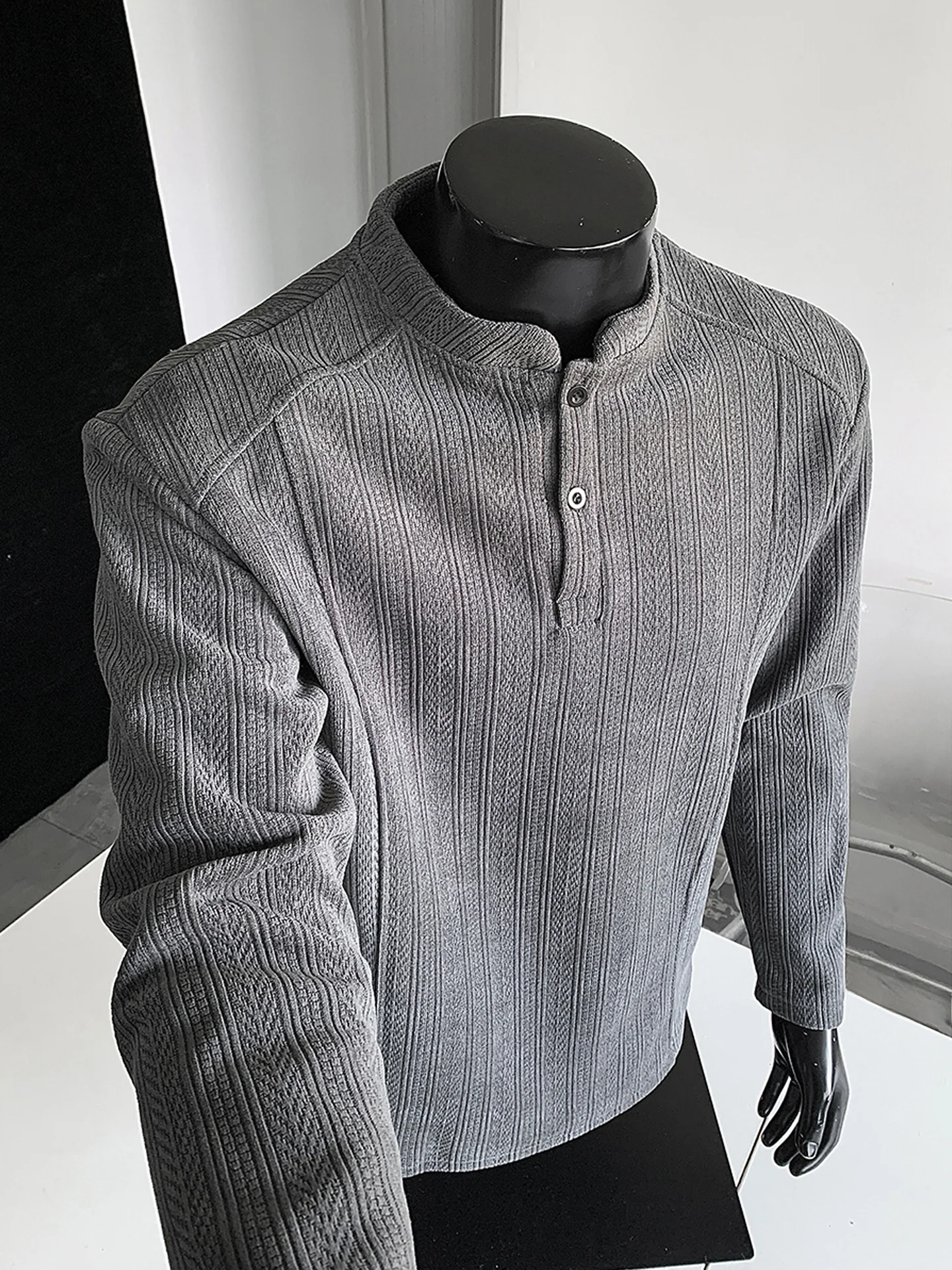 

Men's Long Sve T-irt f High Collar Inner Wear Wheat Spike Pattern Henry Collar Sweatirt Spring Faion Heavyweight ...