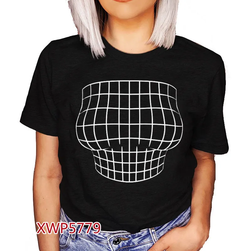 

66/2000 Magnified Bosom Trompe L'oeil T-shirt Funny 3D Printed Large Bosom T-shirt Lady Harajuku T-shirt Gothic Black Blouse