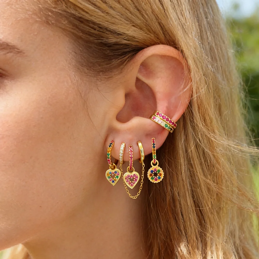 TIANDE Double Hoop Chain Hear Dangle Earrings Women Colorful Zircon Piercing Jewelry Daily Party Wear Accessories Earrings Set