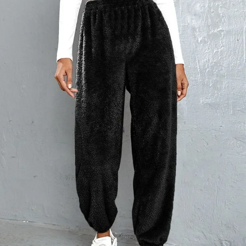 Woolen Pants High Waist Loose Autumn Y2K Casual Fleece Pants Solid Color Women's Trousers Sports Ankle Banded Pants