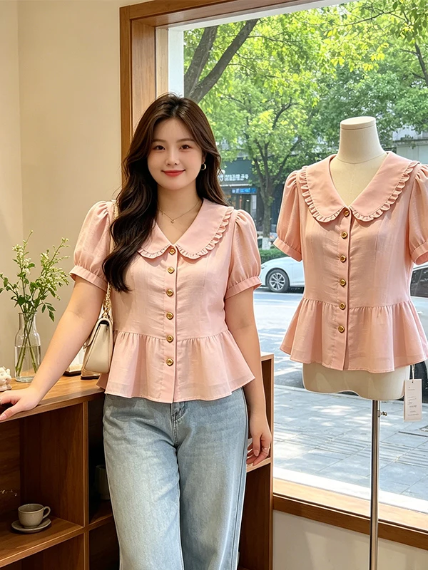 Sweet Style Short Sleeve Babydoll Collar Shirt Women's Summer New Design Versatile Large Size Floral  Top Breathable Skin...