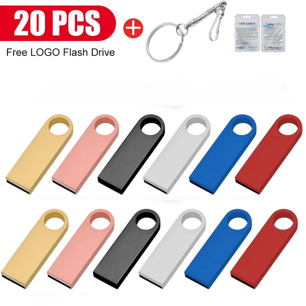 20 buah Flash Drive USB LOGO kustom gratis Stik usb dengan kunci, Stik USB logam kecepatan tinggi 4GB 8GB 2.0 16GB 32GB 64gb 1gb 2gb