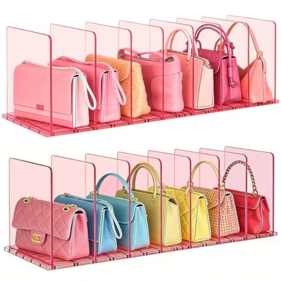 

SortNStore Purse Organizer for Closet: Shelf Dividers Adjustable Acrylic Bag Closet Organizers and Storage 4 Bases 14 Shelves